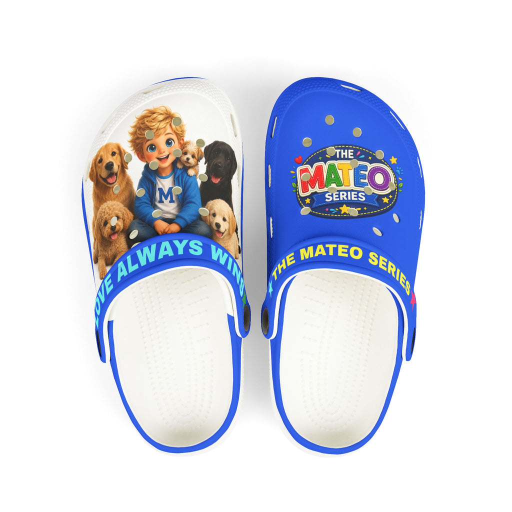 Kids Blue Foam Clogs with Puppy & Boy Print - Cute Slip-On Garden Shoes